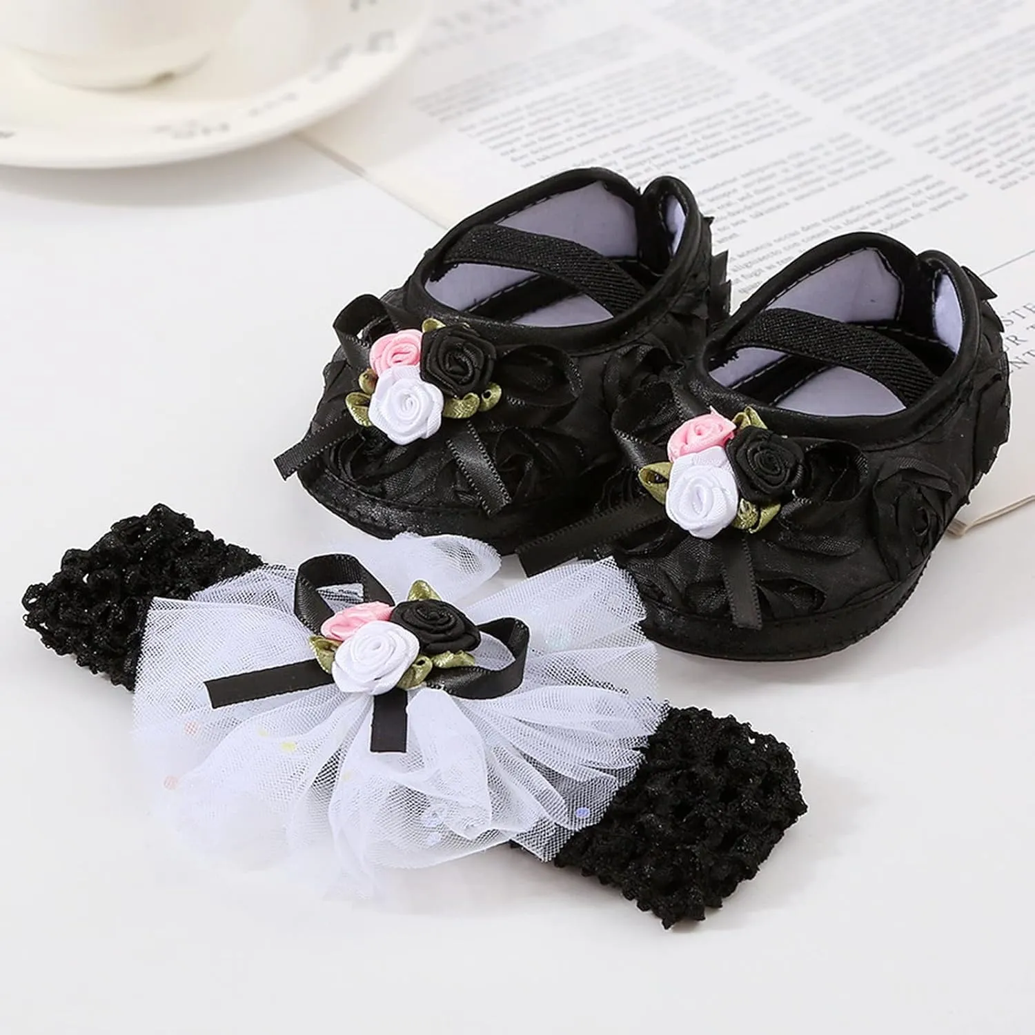 Toddler Girl Cute Shoes Baby Shoes Plus Headband Set Cute Baby Princess Shoes with Dress Hard Bottom Walking Shoes