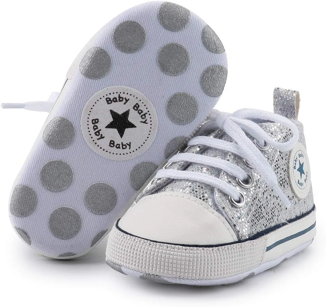 Unisex Baby Soft Sole Sneakers, Canvas Denim High Top, Newborn Infant First Walkers