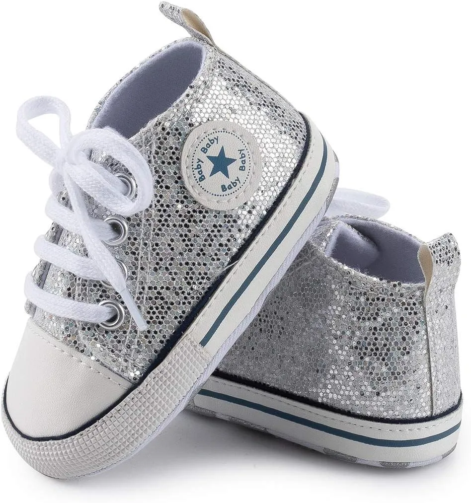 Unisex Baby Soft Sole Sneakers, Canvas Denim High Top, Newborn Infant First Walkers