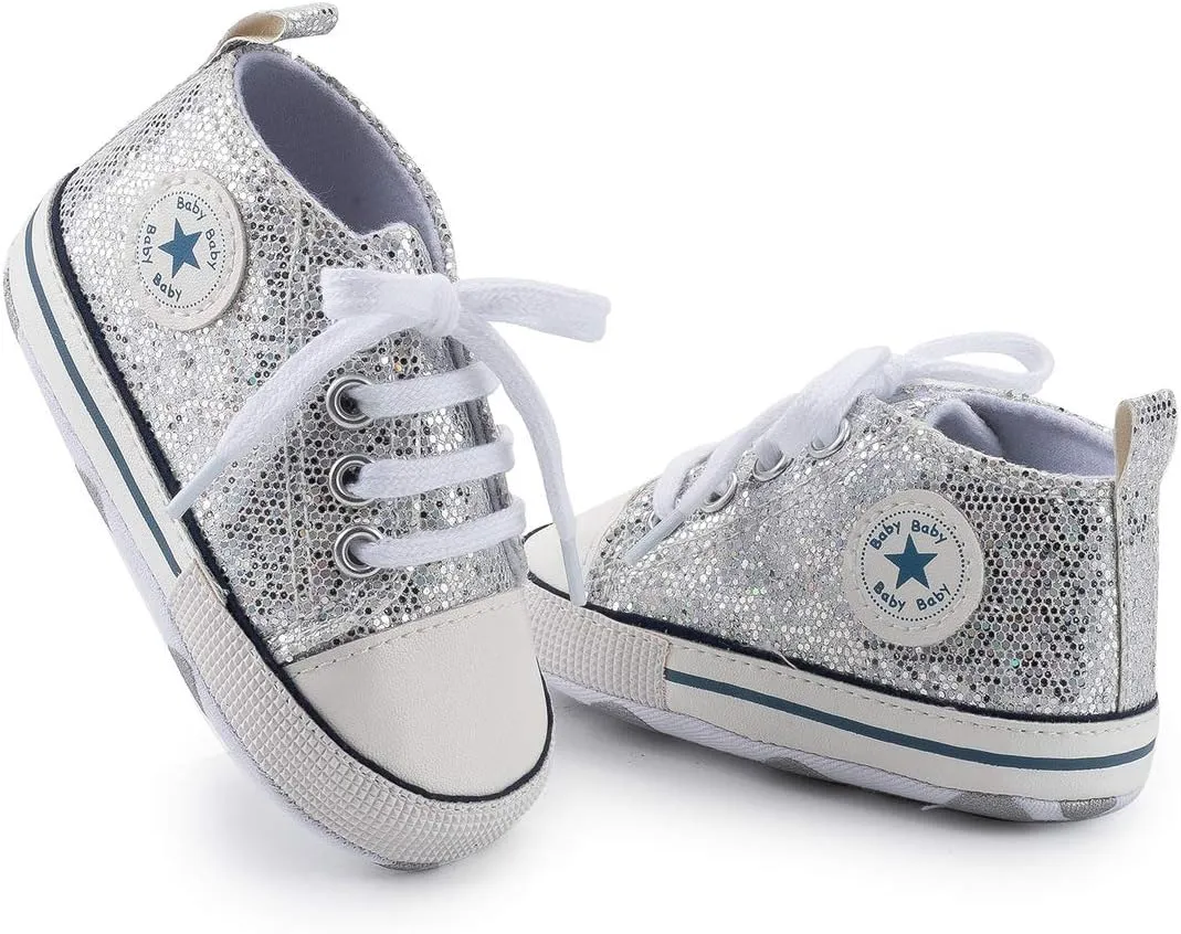 Unisex Baby Soft Sole Sneakers, Canvas Denim High Top, Newborn Infant First Walkers