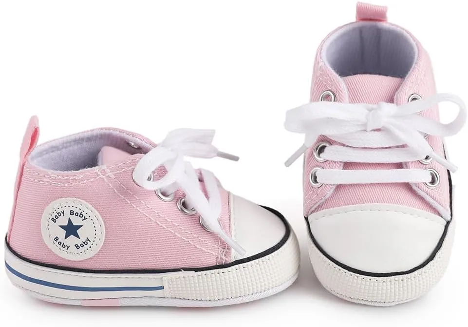 Unisex Baby Soft Sole Sneakers, Canvas Denim High Top, Newborn Infant First Walkers