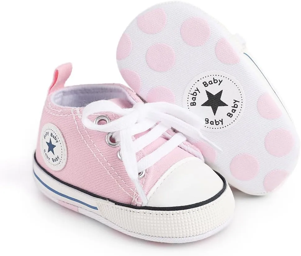 Unisex Baby Soft Sole Sneakers, Canvas Denim High Top, Newborn Infant First Walkers