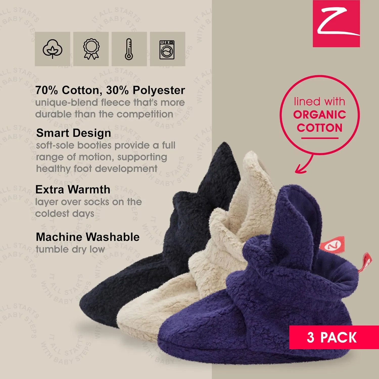Zutano Unisex Fleece Baby Booties with Organic Cotton Lining, Newborn Essentials